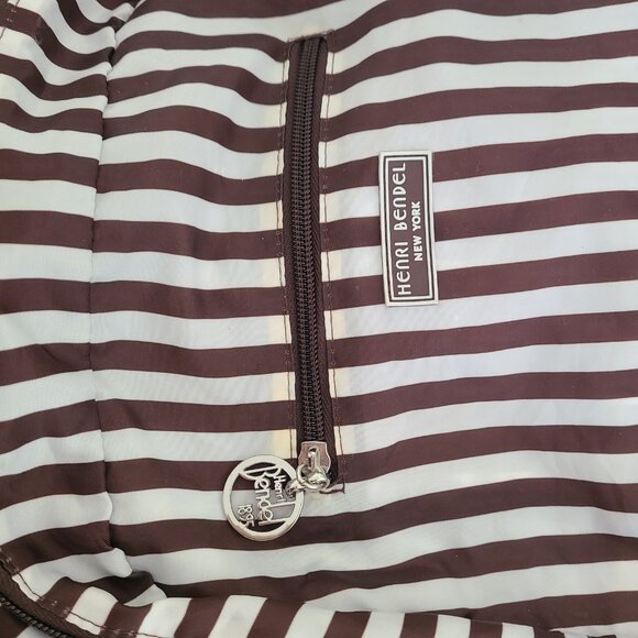 Henri Bendel Zip Around Packable Brown White Stripe Backpack Lightweight Compact